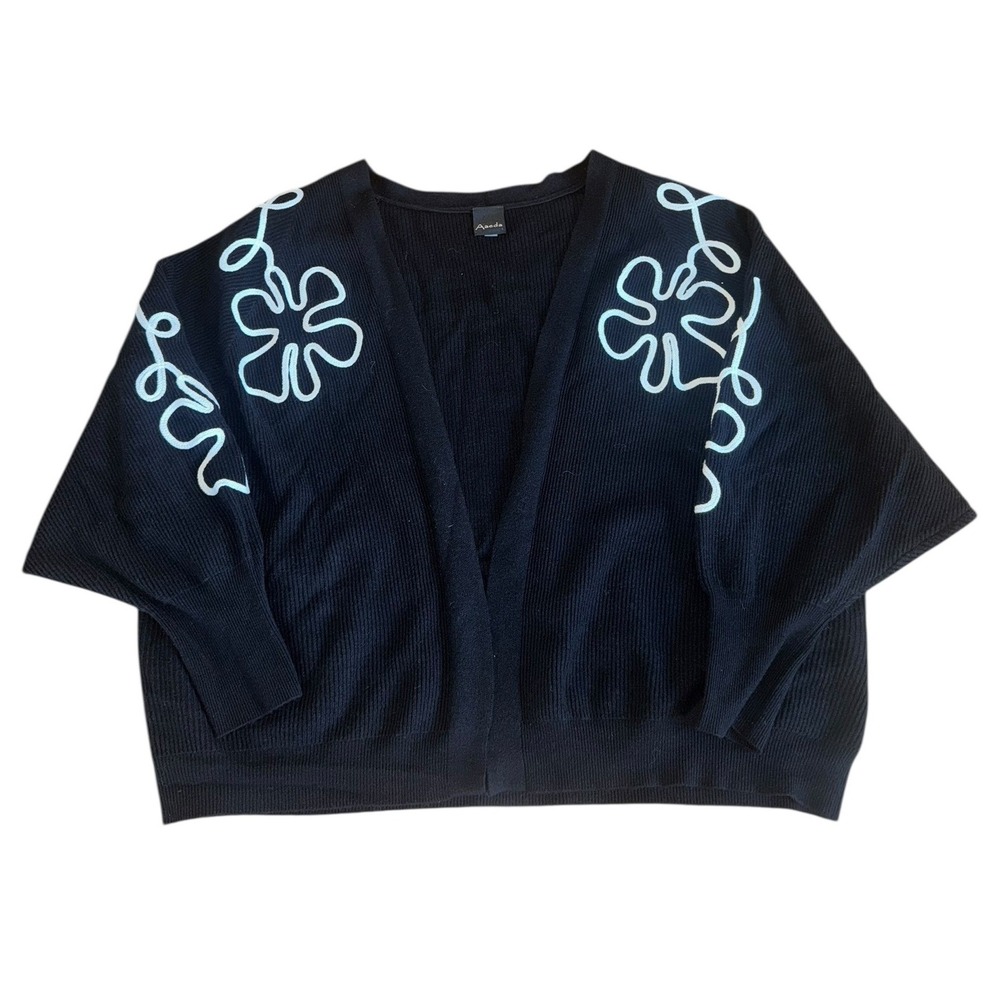 Black Aaeda Cardigan with White Floral Embroidery Wide Sleeves‎